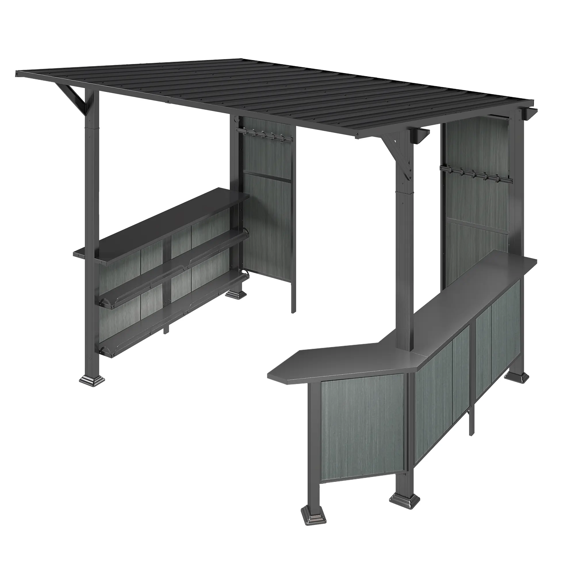 9x10FT Hardtop Grill Gazebo Lean to Outdoor BBQ Gazebo with Storage Shelves and Expansion Platform Galvanized Steel Permanent Hard Top Canopy for Patio Backyard Lawn Garden Grey, Home Furniture and Household Product Search Terms