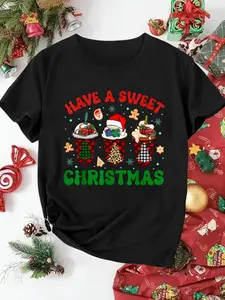 100% Cotton Women T-shirt Women Christmas T-shirt Have A Sweet Christmas Hot Cocoa Xmas Holiday Pajamas T-Shirt Print Round Neck Short Sleeve T-Shirt For Women Casual, Summer, Women Top