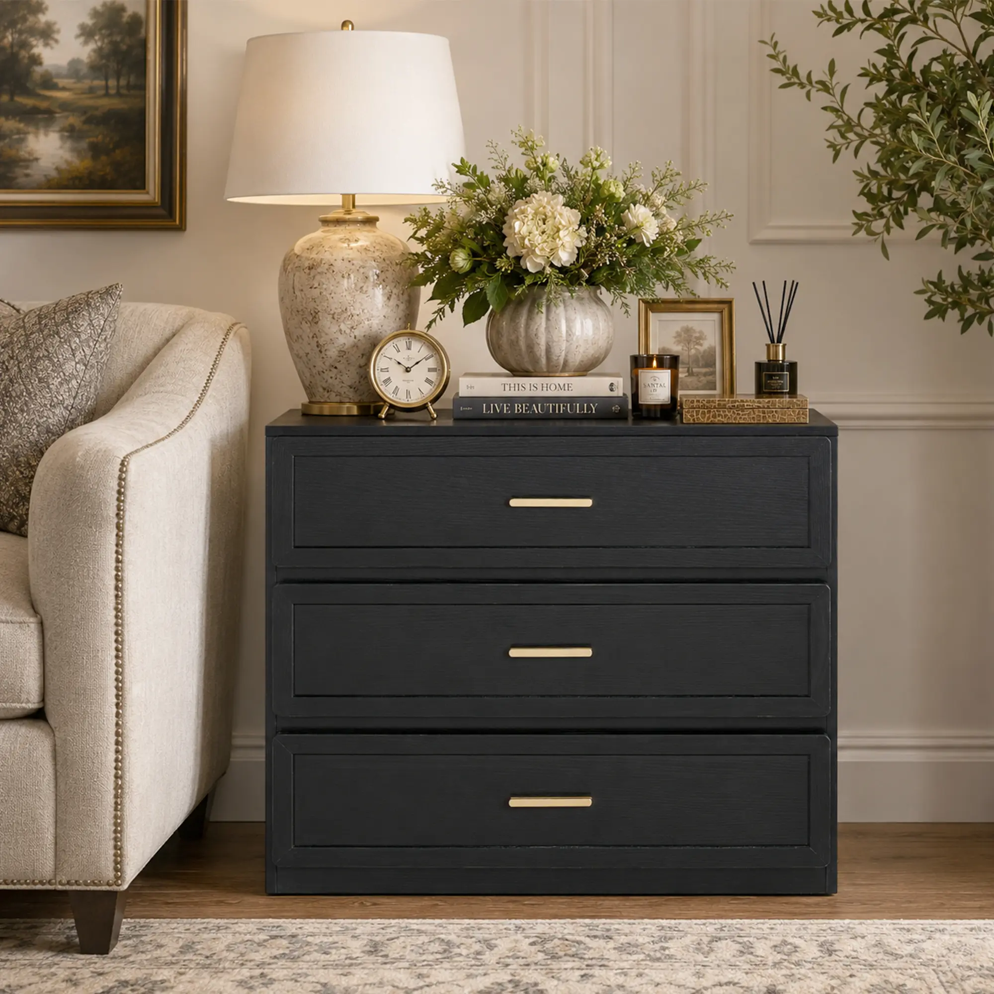 NightStand Oversized Extra Large Nightstand Tall Bedside Side Table with 3 Drawers with Storage Modern End Table with Golden Handles