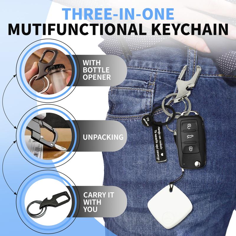 For Apple Find My Keychain No App + Bottle Opener Keychain + Drive Safely Metal Tag Three-in-one Security Gift Set for Men's Gift Bottle Opener Package Unpacking Tool Spanish Pendant Tracking Tool Love Guardian