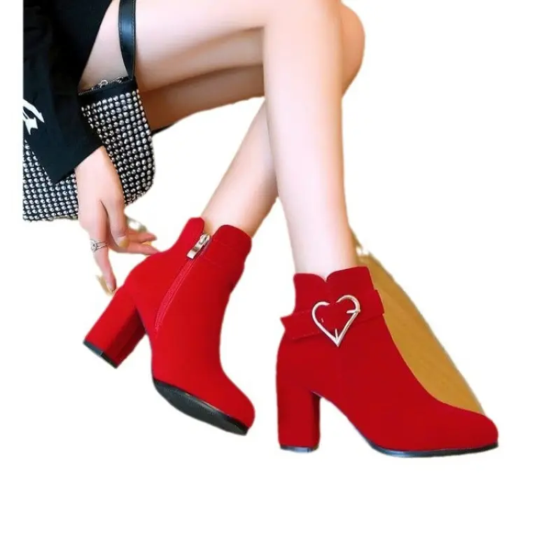 Korean-Inspired Chunky Heels - Women's Red High Heels - Round-Toe Block Heel with Zipper Closure - Glossy Synthetic Cover Wedding, Party & Formal Shoes - Comfortable Round Toe & Durable Rubber Sole for All-Day Wear - Hand Washable Elegant Dress Footwear -