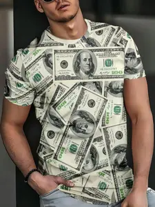 Men's Fashion Casual Streetwear, Menswear, Short Sleeve Round Neck T-Shirt, Printed 3D Dollar Bill Pattern, Colorblock Design, Fitted Long Style