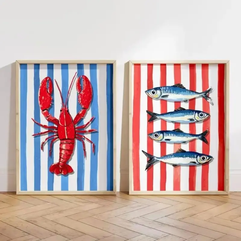 2pcs Set of Two Lobster Sardine Blue Striped Canvas Art, Creative Design Print, Decoration Items, Coastal Kitchen Poster, Living Room Decor, Modern Home Decor, Fisherman Home Wall Hanging Unframed