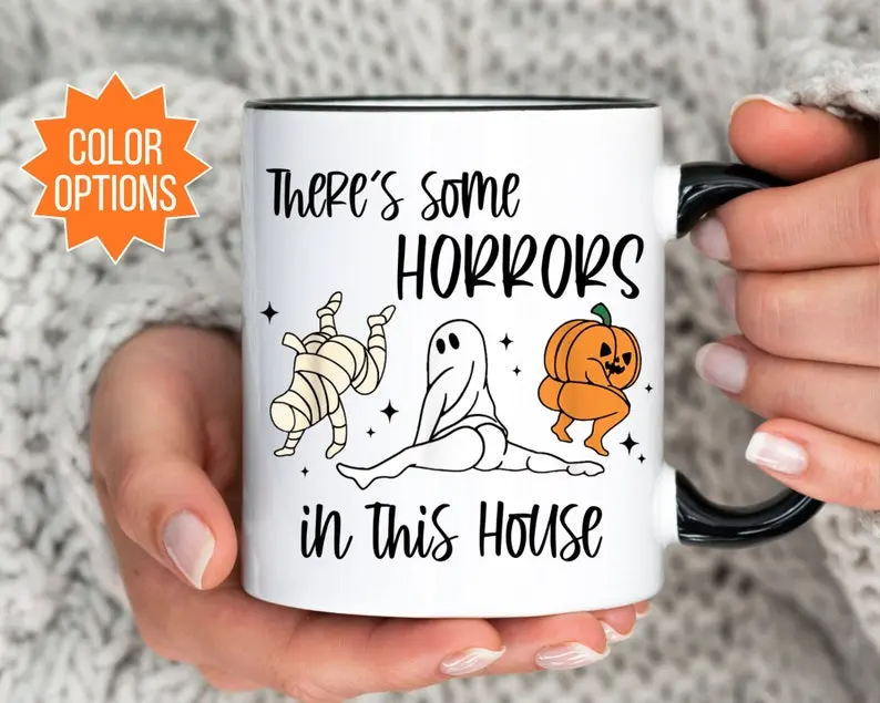 Funny Halloween Coffee Mug Theres Some Horrors In This House Mug Spooky Halloween Ceramic Coffee Cup Funny Fall Mug Halloween Gift for Women Men Coworkers Friends