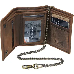 Jamin Leather Vintage Brown RFID Trifold Chain Wallet #WC513211NID - Men's Cowhide Leather with 11 Pockets, 5 Card Slots, Zippered Pocket, 12" Removable Antique Chain