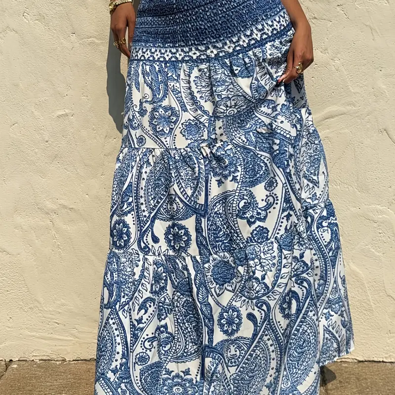 Women's Bohemian Boho Paisley Print Flare Dress, Casual Vacation Daily Wear, Spring Summer Fashion, Long Sleeve A-Line Maxi Skirt, Womenswear, Boho Skirts, Flared Skirt, Chic Boho Style