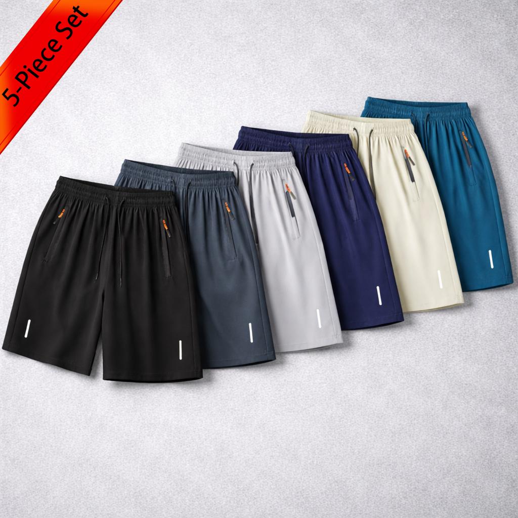 7-pack men’s ice silk quick-dry athletic shorts featuring zippered pockets and contrasting zipper head design; breathable, lightweight ice silk summer shorts for fitness, running, and casual wear—an essential for workouts and comfortable for home wear in