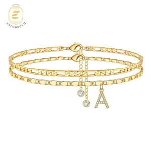Layered Letter Anklets Brass Initial Pendant Ankle Chain Set Golden Alphabetical Ankle A-Z Birthday Anniversary Gifts for Girls Women Costume Jewelry Accessories