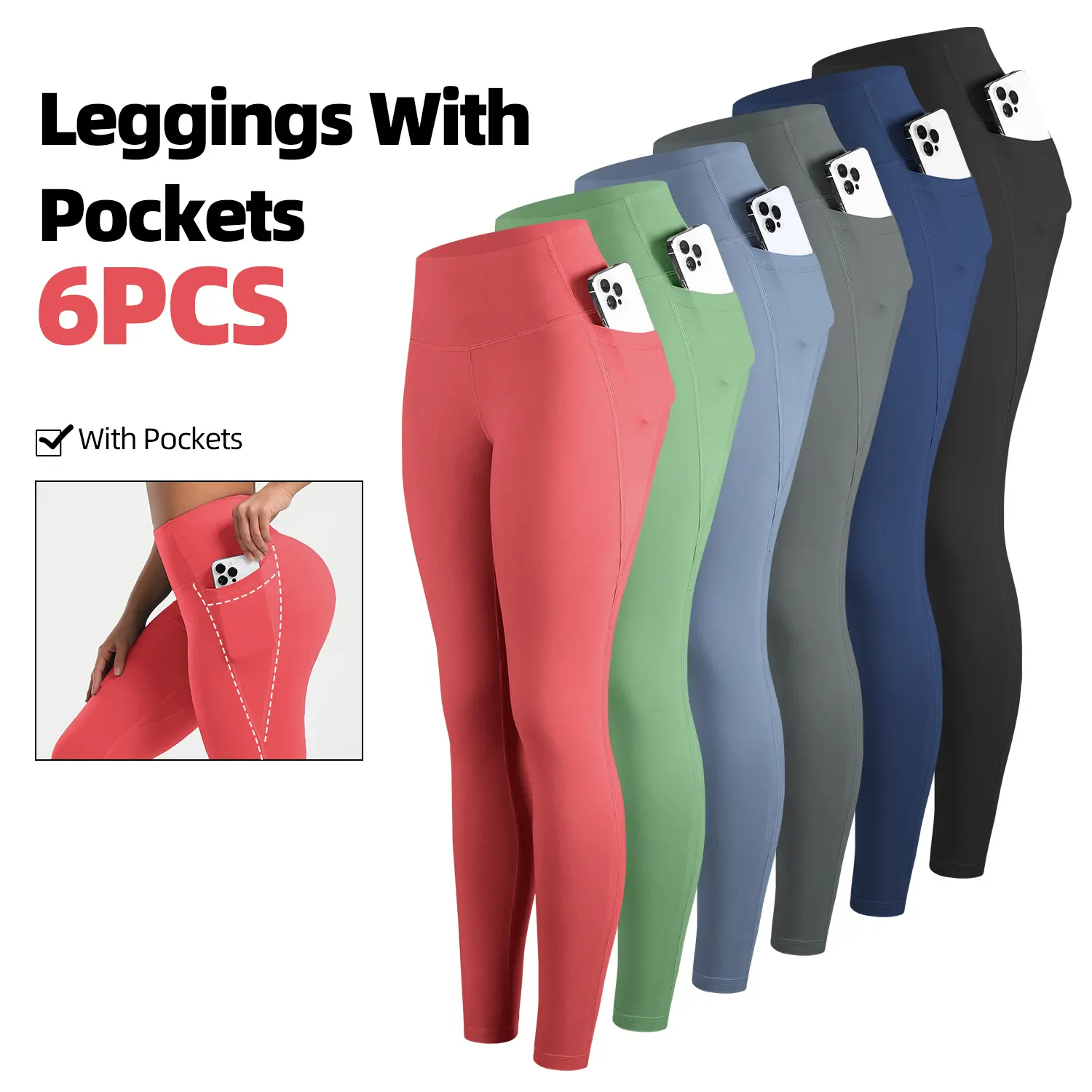 CHRLEISURE 3/5/6 PCS High Waist Yoga Leggings With Pockets Exercise Running Yoga Leggings Tummy Control Workout Yoga Leggings for Women Bottoms Side Pockets