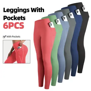 CHRLEISURE 3/6 PCS High Waist Yoga Leggings With Pockets Exercise Running Yoga Leggings Tummy Control Workout Yoga Leggings for Women Bottoms Side Pockets