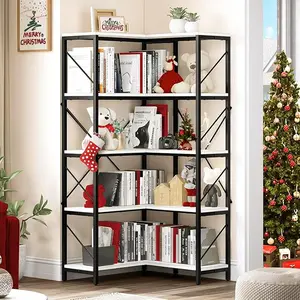 DWVO Corner Bookshelf, 5-Tier L-Shaped Bookcase Storage Organizer, Tall Open Display Freestanding Storage Rack Modern Book Shelf for Living Room, Bedroom, Home Office, White