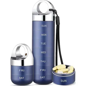 Travel Pill Organizer, Waterproof Weekly Pill Box, Large Aluminum Alloy Pill Case Container, BPA Free 7 Day Daily Medicine Organizer Holder for Vitamin, Fish Oil, Supplement