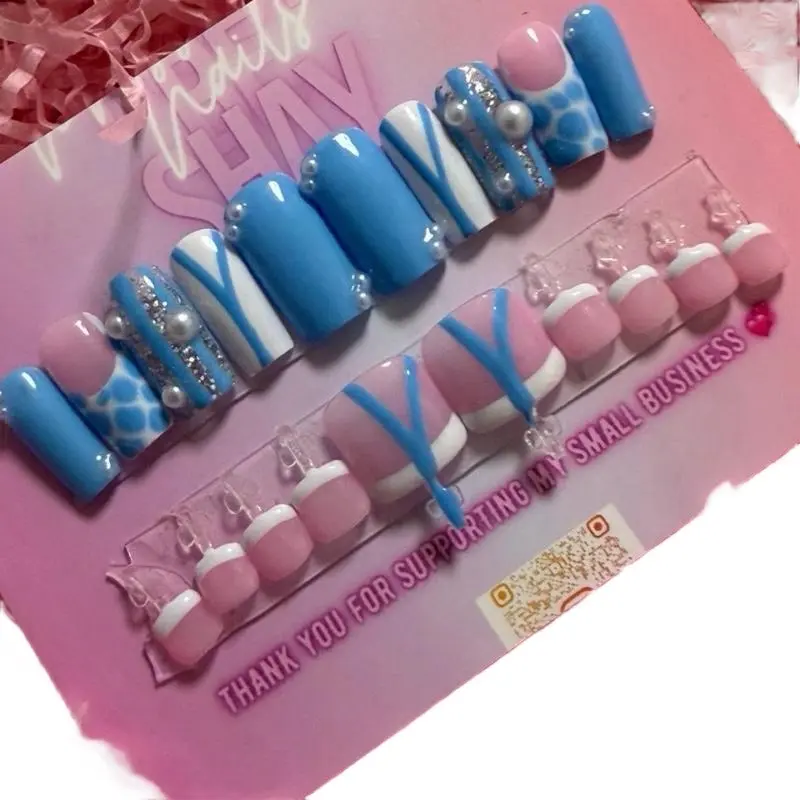 Blue Press On Nail & Toe Set , False Nail Kits, Metallic Sparkle