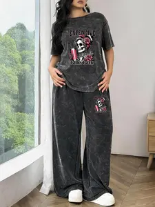 Spring and Summer Sports Plus Size Two-piece Set with figure print, Tie-dye Washed Vintage Short Sleeve T-shirt and Wide-leg Pants, Plus Size Women's Jogging Outfit