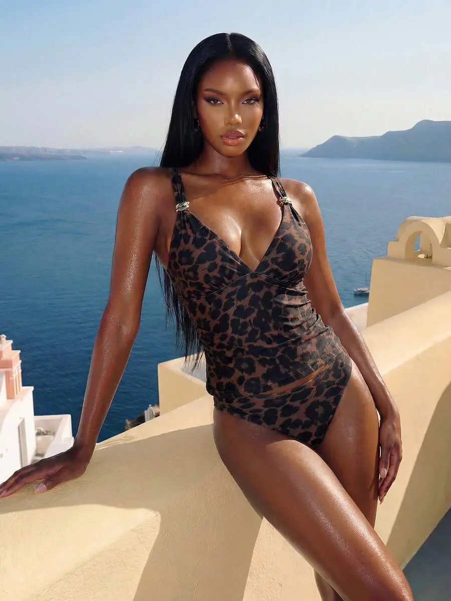 VYNCE Women's Leopard Print Tankini Set 2 Piece V-Neck Camisole & Slimming Bikini Bottoms