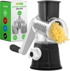 NutriChef 3-in-1 Cheese Grater & Shredder with Strong Suction Base, Rotary Handle, Safety Lock, 3 Drum Blades for Fine, Medium, & Strips, Includes Cleaning Brush & Hand Crank, Stainless Steel Slicer