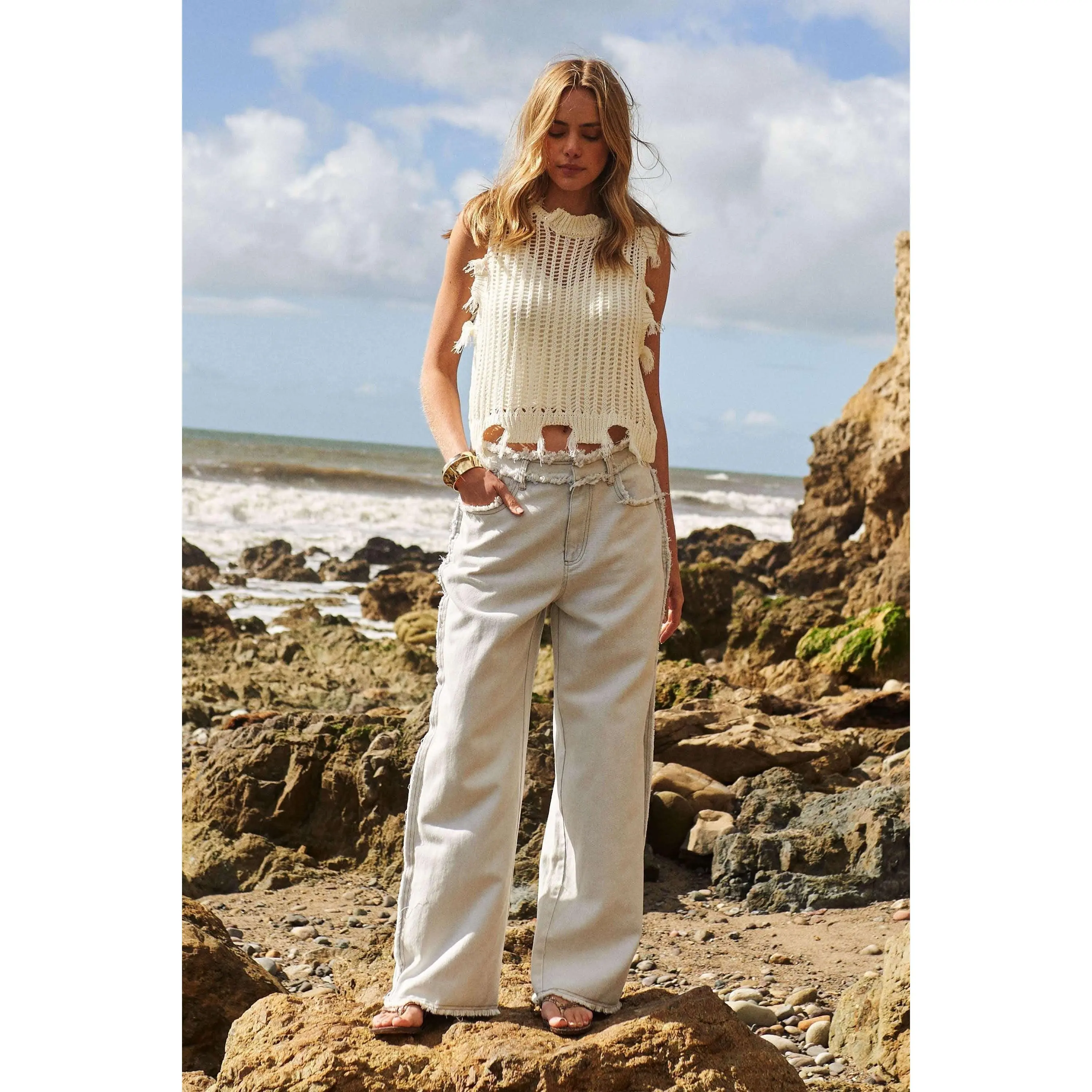 Mello  Raw hem Wide Leg Bleached Jeans