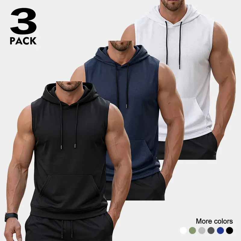 Men's 3-Pack Sleeveless Hoodie Tank Tops - Kangaroo Pocket, Drawstring, Quick Dry, Breathable Mesh, Sweat Absorbing - Athletic Fitness Gym Activewear for Summer Workouts