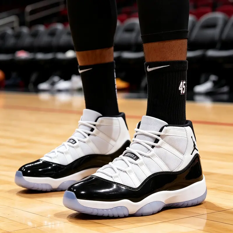 Unisex High‑Top Basketball Sneakers White Knit Fabric Upper Black Glossy Patent Panels Black Heel Logo Icy Clear Outsole Thick Padded Collar Lace‑Up Retro Sport Street Shoes