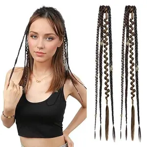 2PCS Boho Clip in Braids Hair Extensions with Beads & Charms - 16"/20" Synthetic Dreadlock Braided Hairpieces, Hippie Gypsy Aesthetic Accessories for Festival & Daily
