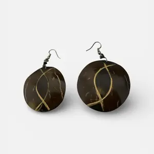 Handcrafted Coconut Shell Earrings with Natural Brown Finish and Gold Veins for Everyday Wear