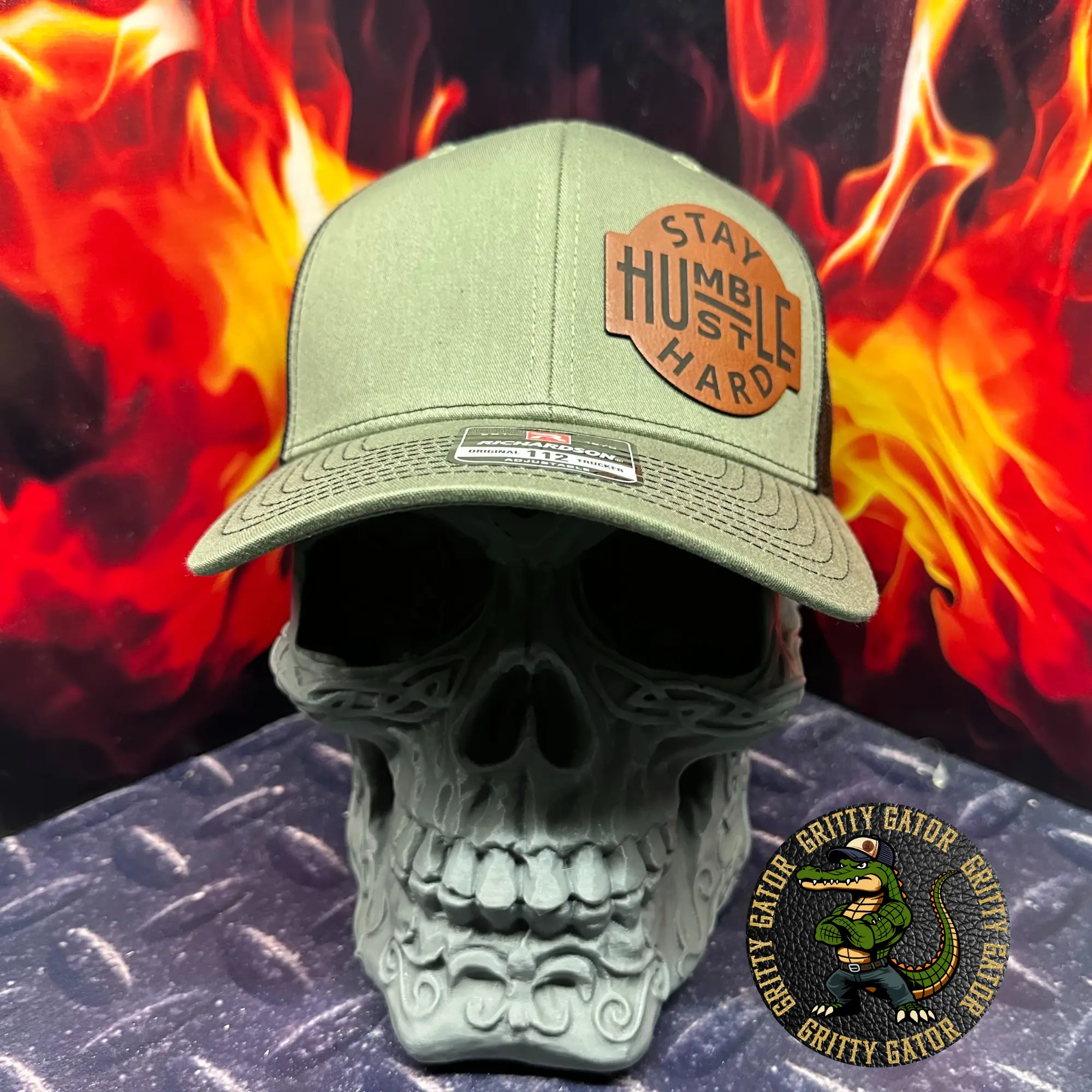 Stay Humble Hustle Hard Patch Hat Richardson 112 Trucker Hat with Pre-curved Bill and Adjustable Snapback Closure from Gritty Gator