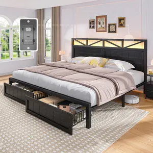 Full Queen King Size Bed Frame with 2 Storage Drawers & Headboard, Modern Farmhouse LED Bed Frame with USB Outlet, Metal & Wood Bed Frame, No Box Spring Needed, NO Noise, No Mattress, Bedroom Furniture