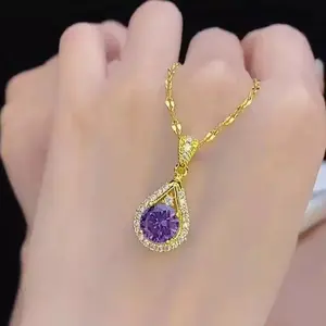 Vintage-Inspired Amethyst Teardrop Necklace - Royal Purple Water Drop Pendant, Elegant Halo Crystal Jewelry for Women, Timeless Statement Piece