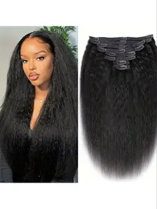 8pcs/set Clip-In Kinky Straight Extensions, Natural, Super Soft & Comfortable Clips, Suitable for All Ethnicities, Kinky Straight Bundles