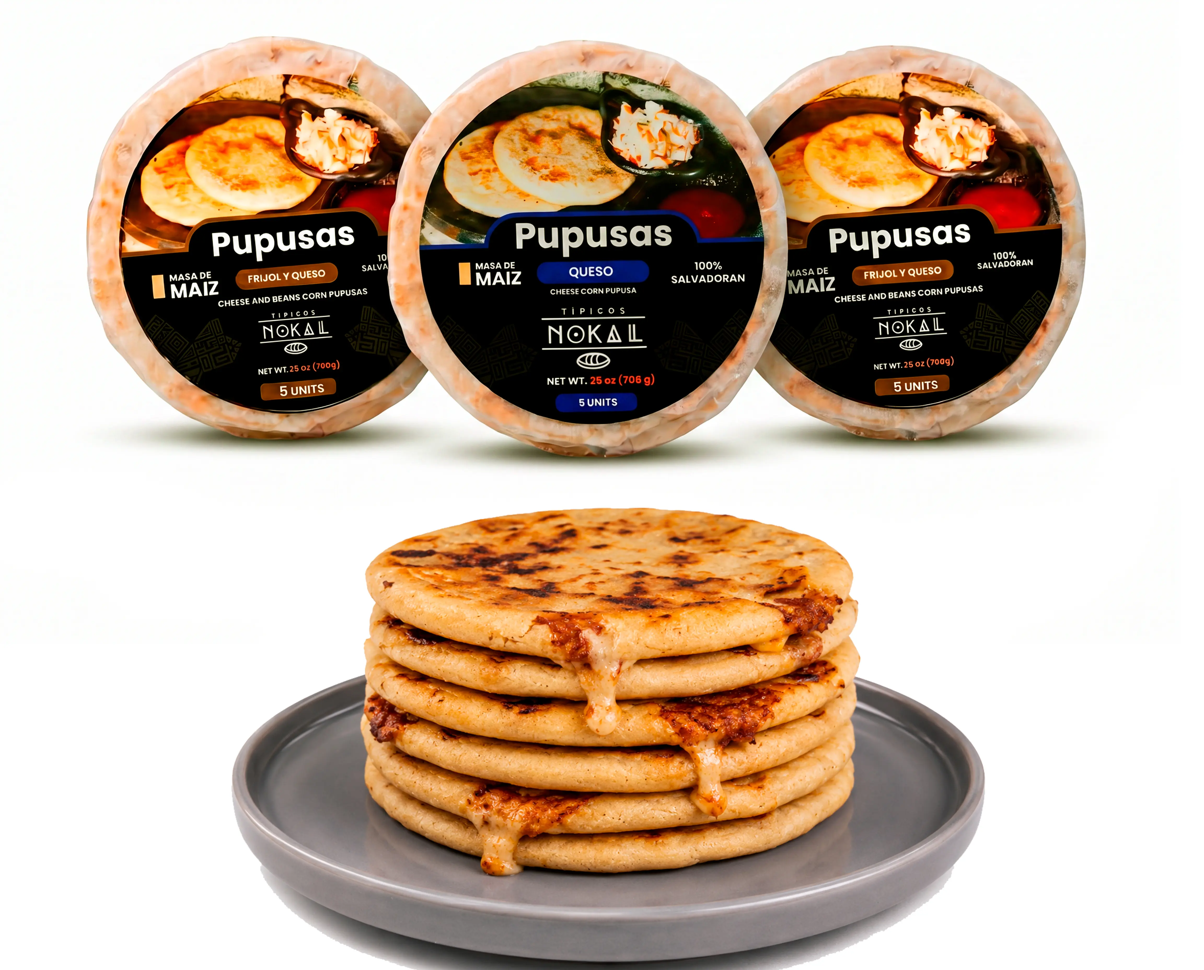 Typical Nokal Pupusas Mix, 10 Bean & Cheese and 5 Cheese Pupusas, Authentic Salvadoran Pupusas, 15 ct, 75 oz. Family Pack