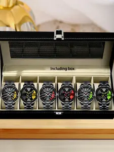 6 Pcs Wheel Design Non-Mechanical Men's Watches Set - Modern Fashionable Wristwatch Fashion Casual Quartz Movement (With Gift Box) Casual Trendy Wristwatch