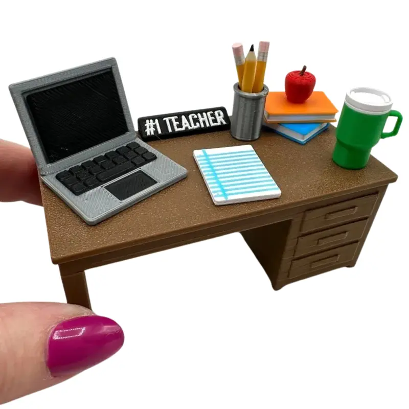 Mini 3D Printed Teacher Desk Set: Books, Apple, Pencil Cup, Paper, Laptop, Mug, #1 Teacher Sign- Gifts, Back to School, Appreciation, Miniverse