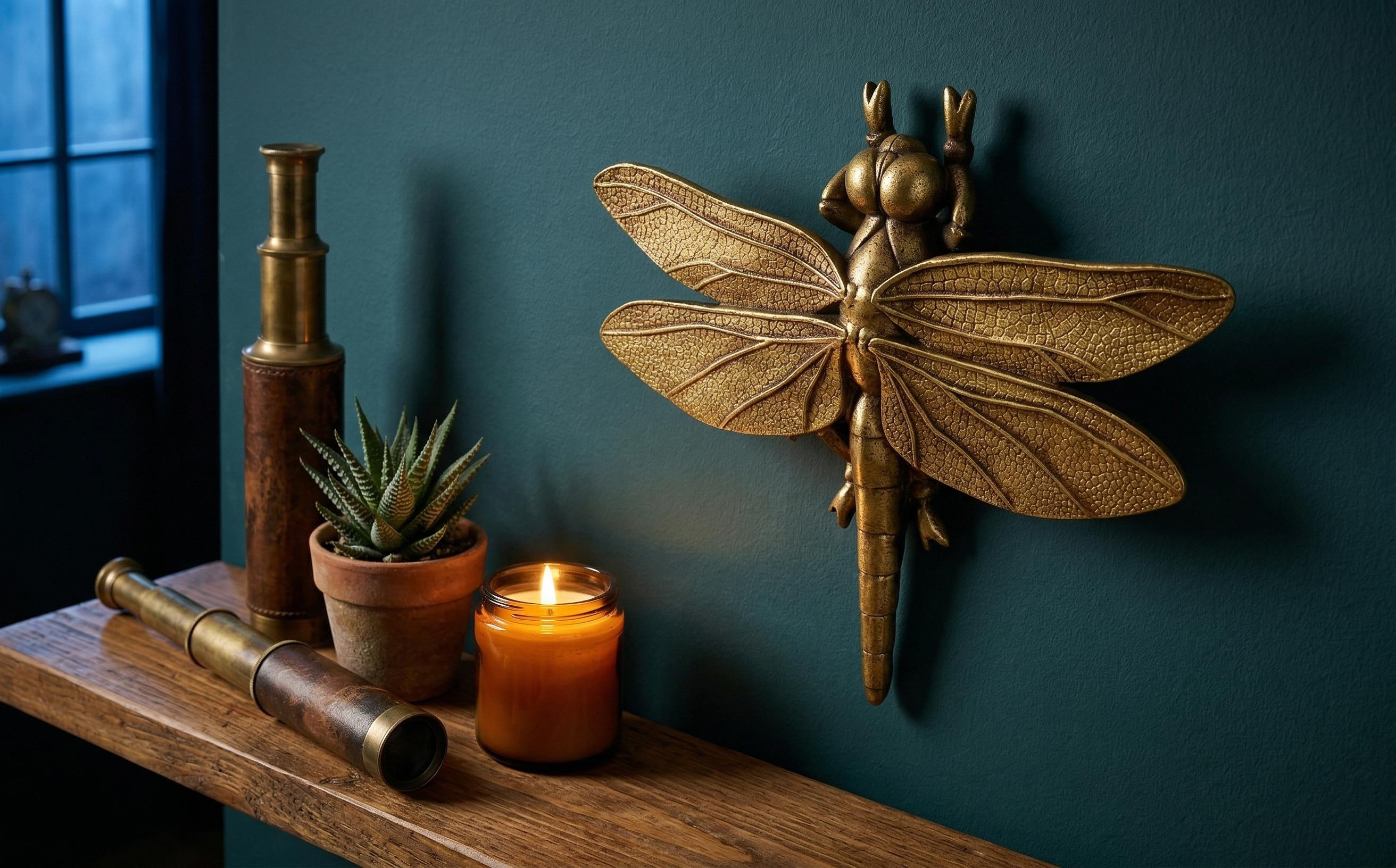Elegant gold dragonfly wall-mounted statue, 1 piece creative interior design accent, artwork decor for modern apartment living space, insect-themed nursery wall art, chic entryway ornament, housewarming gift idea