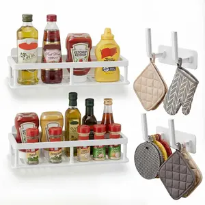 4Pack Adhesive Hanging Wall Holder Organizer Set of 2 Pcs Spice Rack & 2 Towel Hooks No Drill Rust Proof Shelves for Kitchen Cabinet Pantry Door White