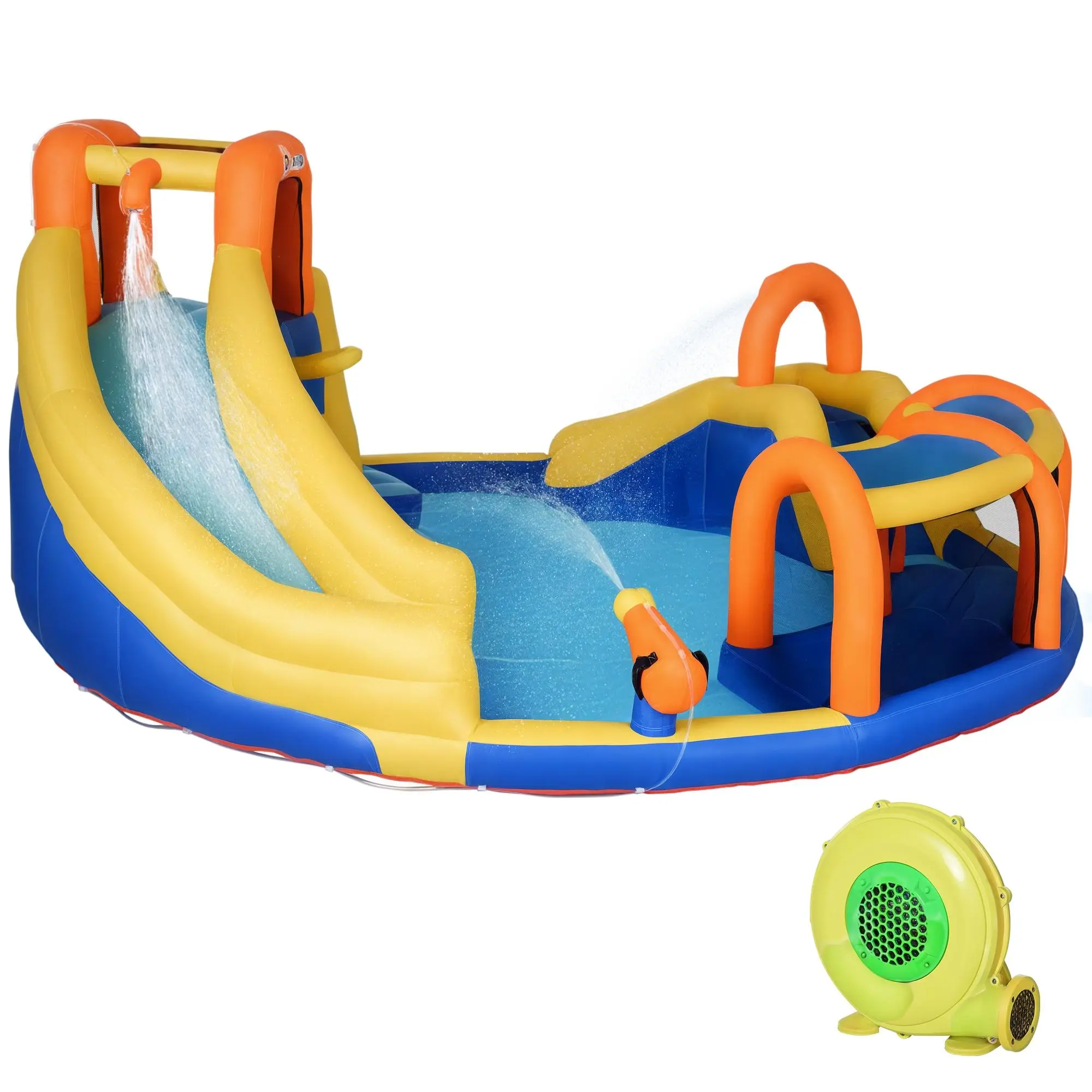 Outsunny 6-in-1 Inflatable Water Slide Kids Bounce House Jumping Castle Includes Slide Basket Pool Water Gun Climbing Wall Tunnel with Carry Bag, Repair Patches and 750W Air Blower
