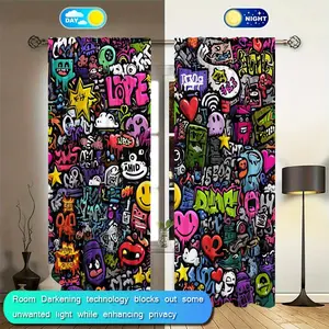 Modern Abstract Art Graffiti Curtains Set, Half-Opaque Polyester Fabric, Creative Street Style, Ideal for Teen Boys Bedroom Living Room Kitchen
