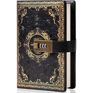Leather Journal Notebook with Combination Lock, A5 Embossed Flower  Diary Ruled Lined Paper for Writing,  for Women Girls  (Black)