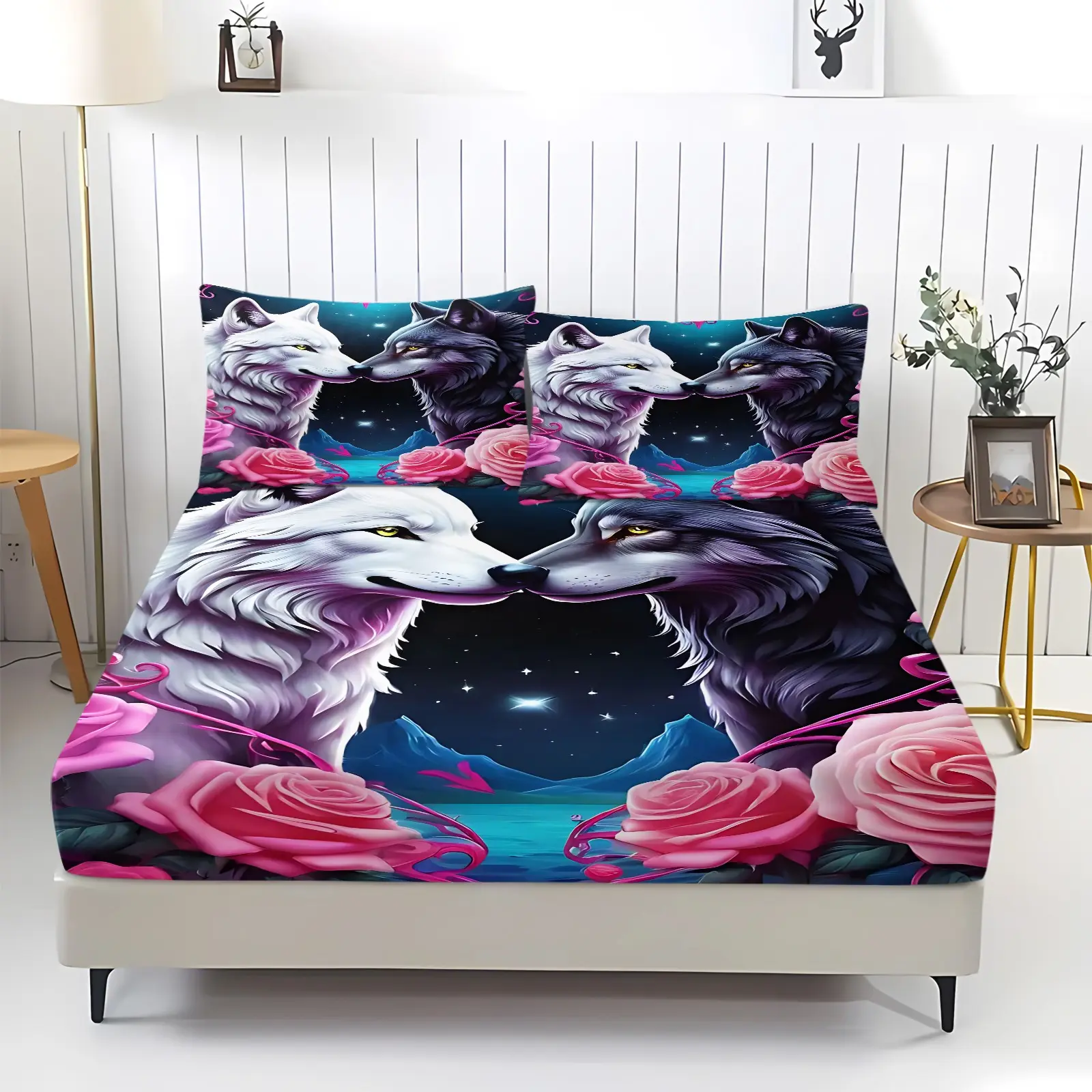 Dreamy Couple'S Wolf Fitted Sheet Set, White-Haired Wolf with Dark Gray Fur In Purple Tones, Intimate and Ethereal Atmosphere Bedding Set. Celestial Animals Themed.Made of Soft Microfiber Material, Includes 2 Pillowcases, Not Include Pillow Insert.