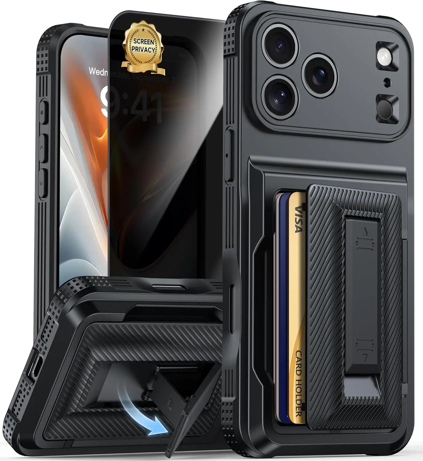 for iPhone 17 Pro Max Case Wallet+1 Privacy Screen Protector-Black | [RFID Blocking][Kickstand][Military Drop Protection] Full Camera Protection Wallet Case for iPhone 17 Pro Max