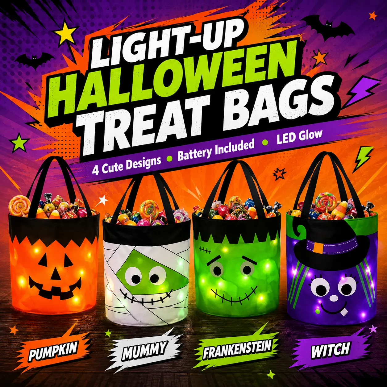 LED Light-Up Trick or Treat Bags for Kids (4-Pack) - Magical Spooky Halloween Candy Totes, Pumpkin Mummy Frankenstein Witch Designs, Festive Party Gifts