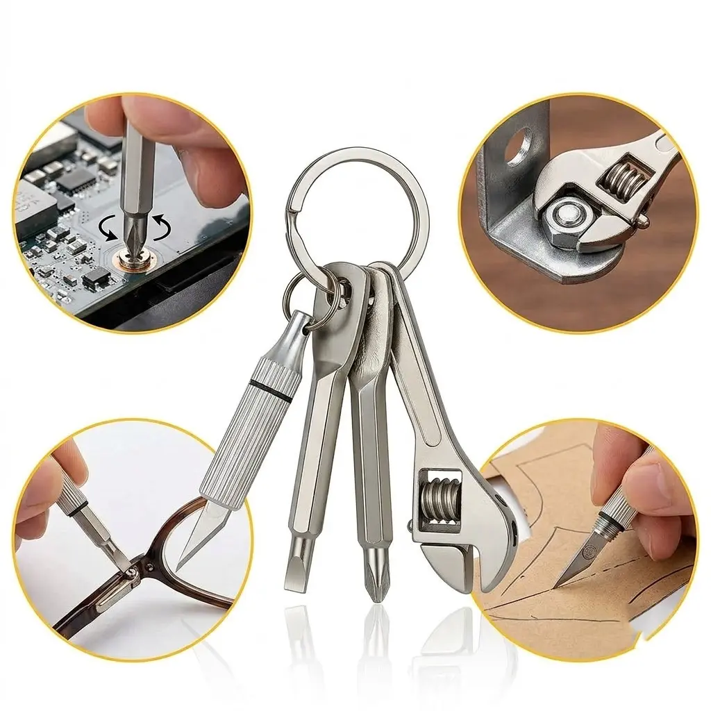 4-in-1 Mini EDC Tool Keychain, Portable Pocket Multitool with Adjustable Micro Wrench, Precision Phillips/Flathead Screwdriver and Hobby Knife, Heavy Duty Utility Key Ring Gadget for Men Camping, Repair & Daily Use