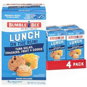 Bumble Bee Lunch On The Run Tuna Salad with Crackers Kit, 8.2 oz (Pack of 4) - Ready to Eat, Includes Crackers, Cookie & Peaches - Wild Caught Tuna - Shelf Stable & Convenient Source of Protein