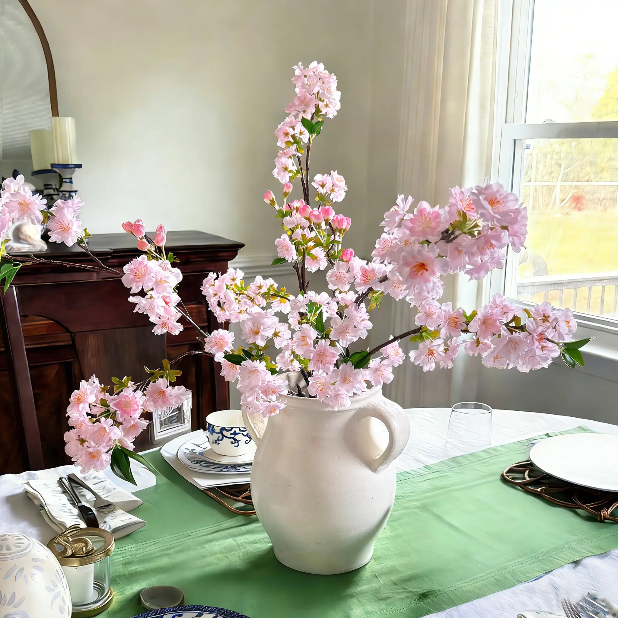 Senjie 3Pcs Faux Cherry Blossoms White & Pink-Spring Decor Extra Long Silk Floral Stems for Tall Vase, DIY Home Office Decor, No-Shedding Realistic graduation gifts