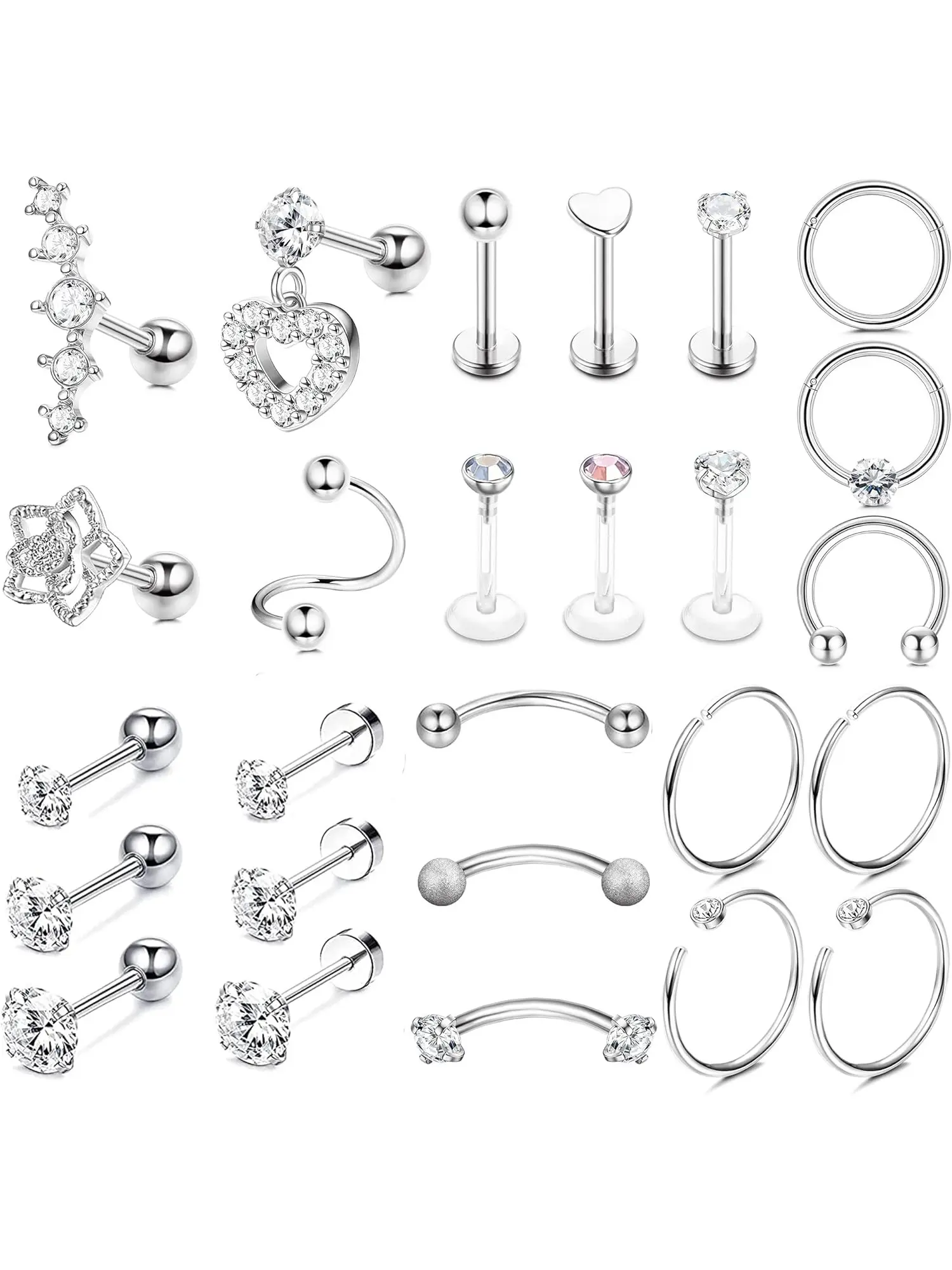 24/26 Pcs Tragus Helix Piercing Jewellery for Women Surgical Steel Cartilage Helix Tragus Earrings 16G/20G CZ Barbell Piercing Studs Nose Lip Ring Conch Piercing Jewellery Rhinestone Nose Ring Body Jewelry Accessory