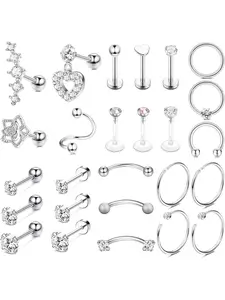 24/26 Pcs Tragus Helix Piercing Jewellery for Women Surgical Steel Cartilage Helix Tragus Earrings 16G/20G CZ Barbell Piercing Studs Nose Lip Ring Conch Piercing Jewellery Rhinestone Nose Ring