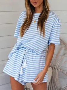 Women's Summer Striped Short Sleeve Set, Casual Loose-Fitting Sportswear, Above the Knee Bottoms, Fashionable Athletic