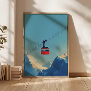 [No Frame] Red Ski Gondola Art Print Poster, Minimalist Graphic Ski Poster, Mountain Travel Wall Decor Unique Gift