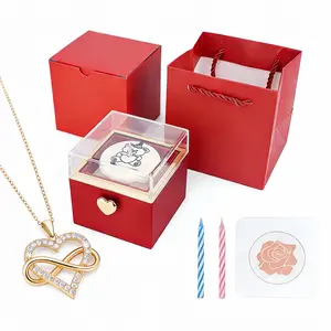 For Girlfriend Wife Birthday Gift Set: Rotating Bear Box with Candle & Plated Gold Infinity Heart Necklace 18" Chain 28 CZ Stones Romantic Gift for Proposals Anniversaries
