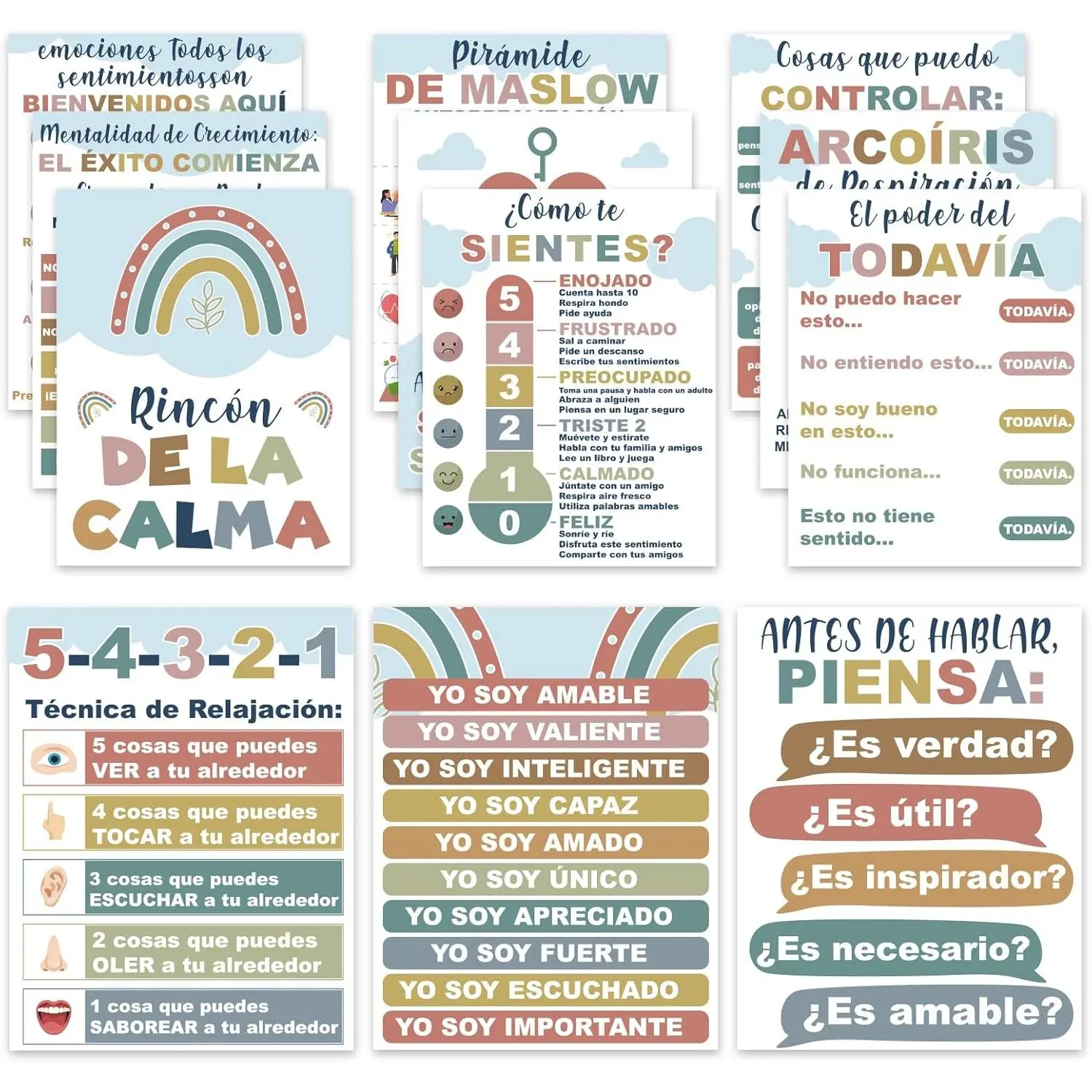 12 count Spanish Posters for Classroom Calming Corner,Mental  Spanish Poster Elementary,Calm Down Corner Spanish Educational Posters Affirmations Positive Espanol Class Decorations(Blue)