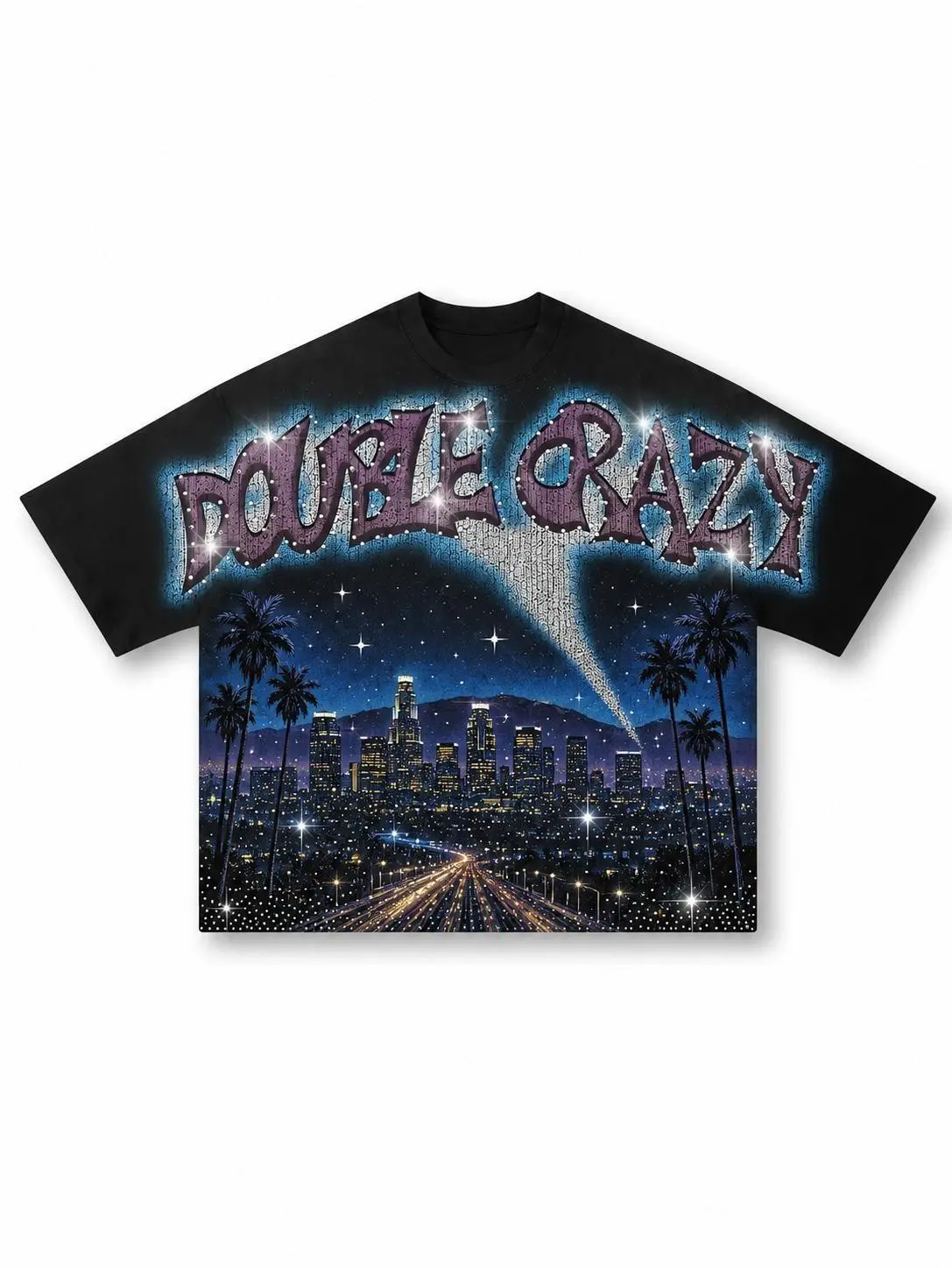 Y2K Vintage LA Skyline Graphic Oversized T-Shirt Double Crazy Hip Hop Streetwear Heavyweight Premium Cotton Short Sleeve Tee Sparkling Rhinestone Print Trendy Unisex Casual Top